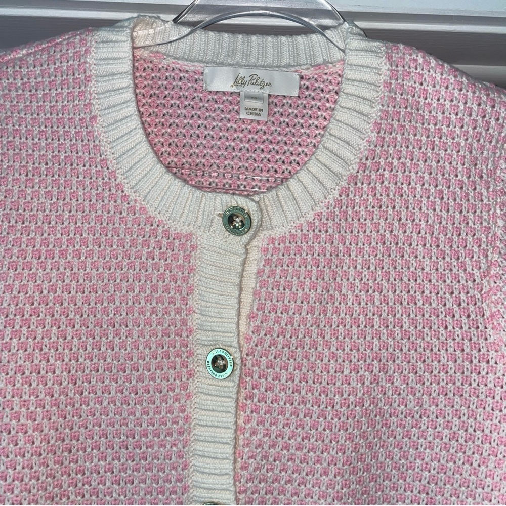 Lilly Pulitzer Cavan Cardigan Woven Knit Red Pink Gold Buttons Pockets Size M - Picture 7 of 11